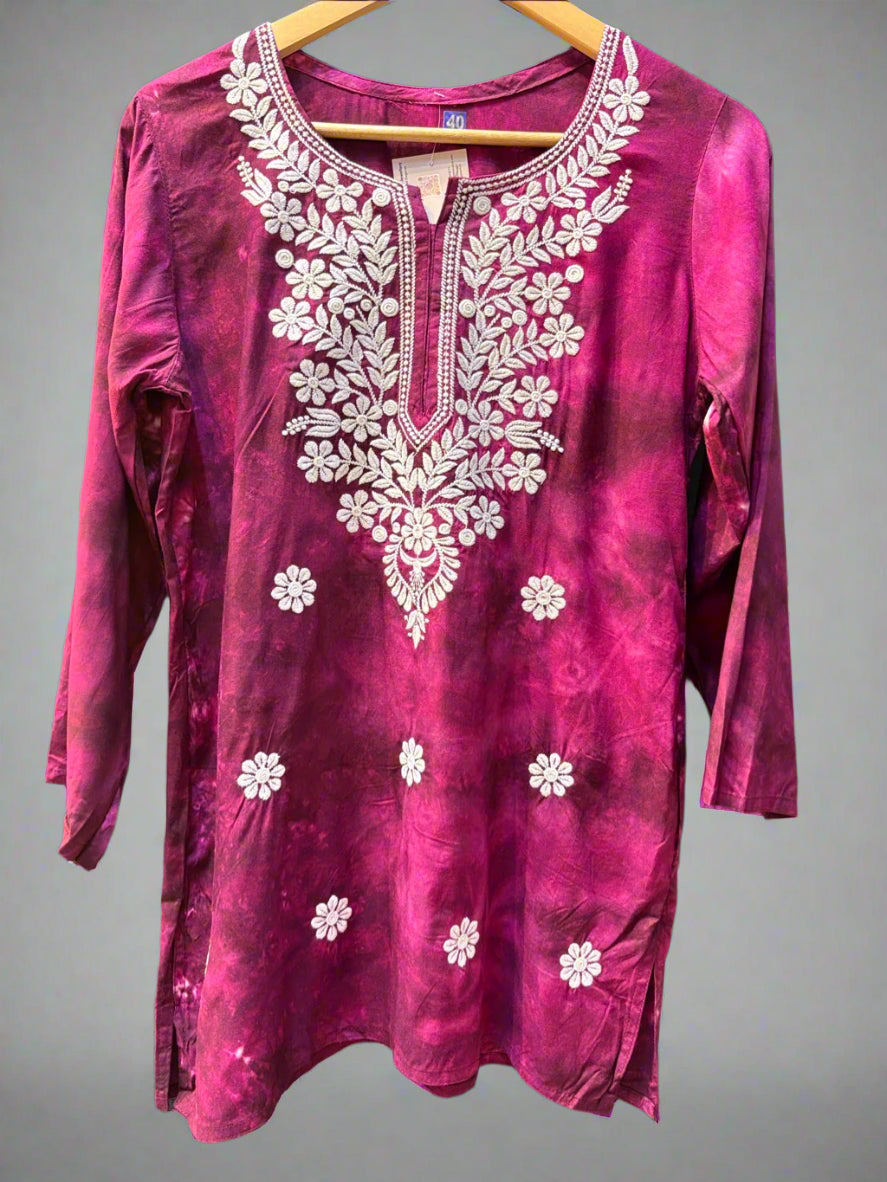 Chikankari printed short kurti in tie-dye style, purple with floral embroidery