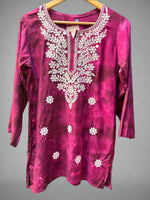 Chikankari printed short kurti in tie-dye style, purple with floral embroidery