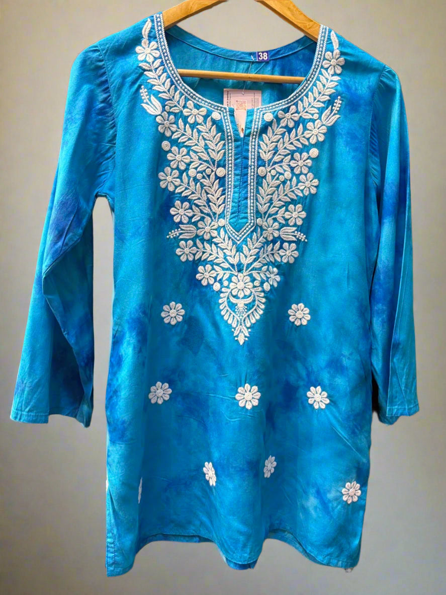 Chikankari printed short kurti in tie-dye style, sky blue with floral embroidery