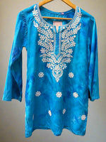 Chikankari printed short kurti in tie-dye style, sky blue with floral embroidery