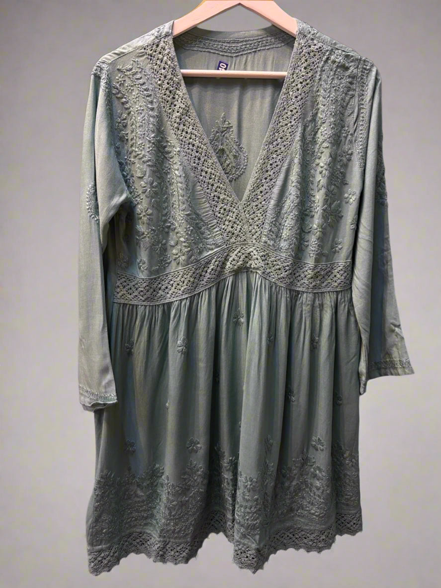 Green Chikankari short kurti dress with Ghass Patti work