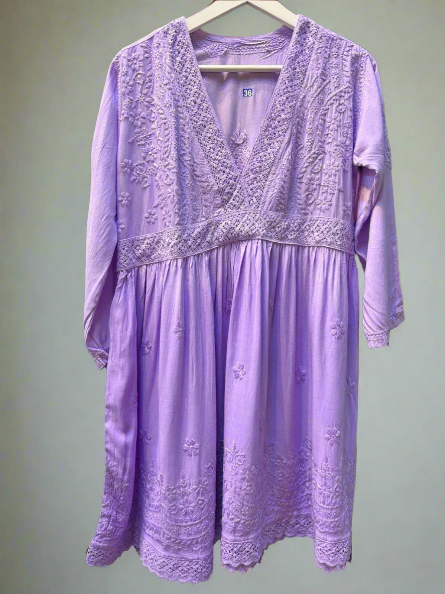 Lavender Chikankari short kurti dress with Ghass Patti work
