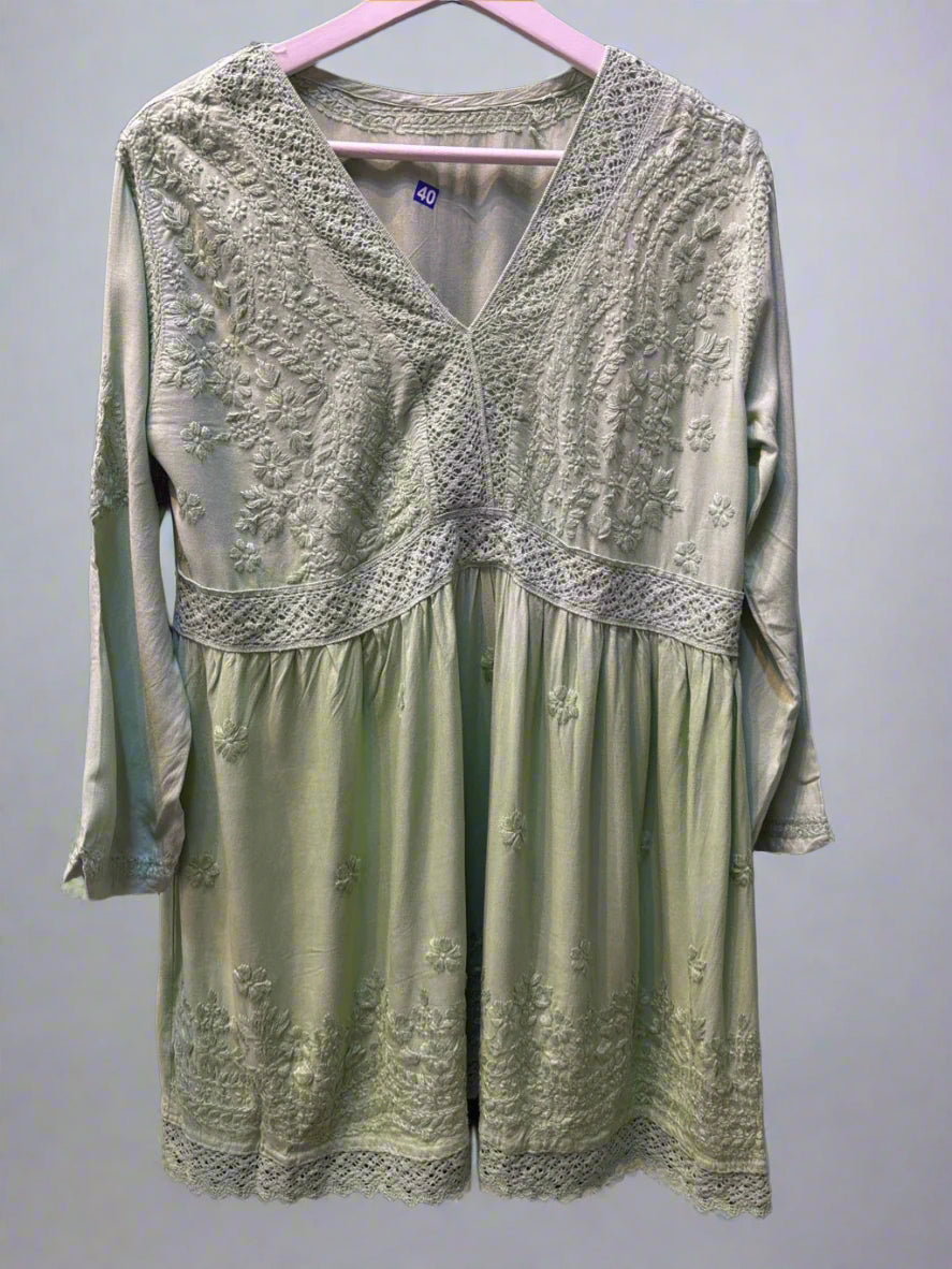 Lime Green Chikankari short kurti dress with Ghass Patti work