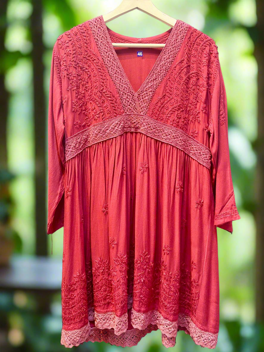 Maroon Chikankari short kurti dress with Ghass Patti work