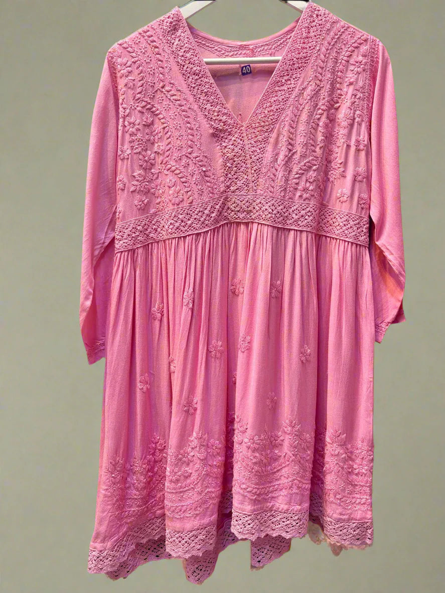 Pink Chikankari short kurti dress with Ghass Patti work