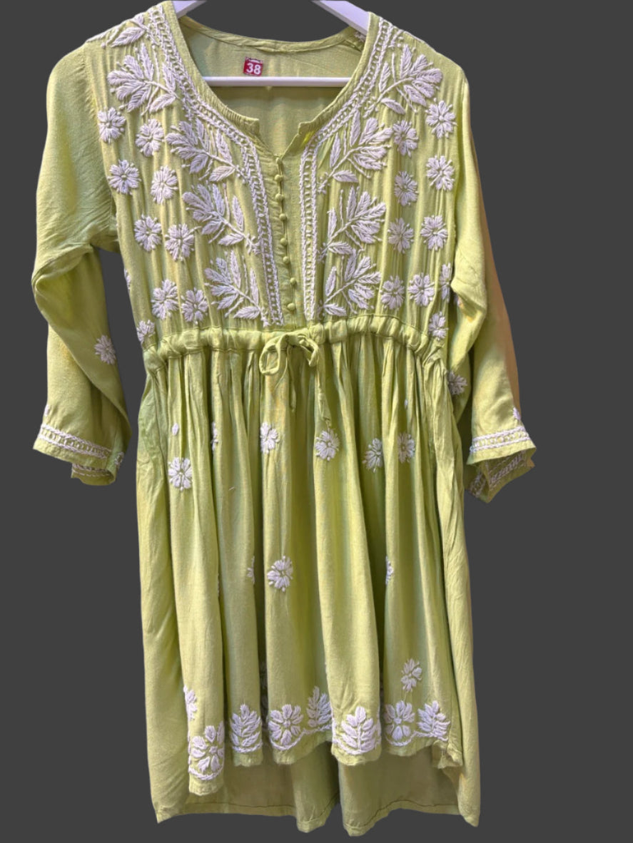 chikankari short frock style kurti lime green