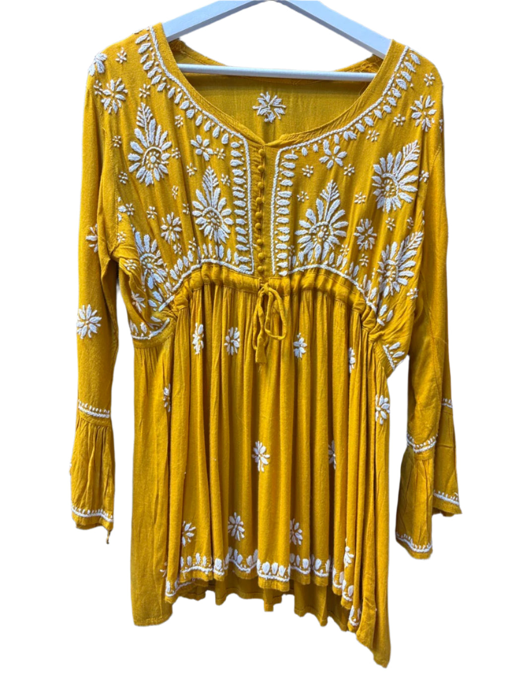 chikankari short kurti frock mustard