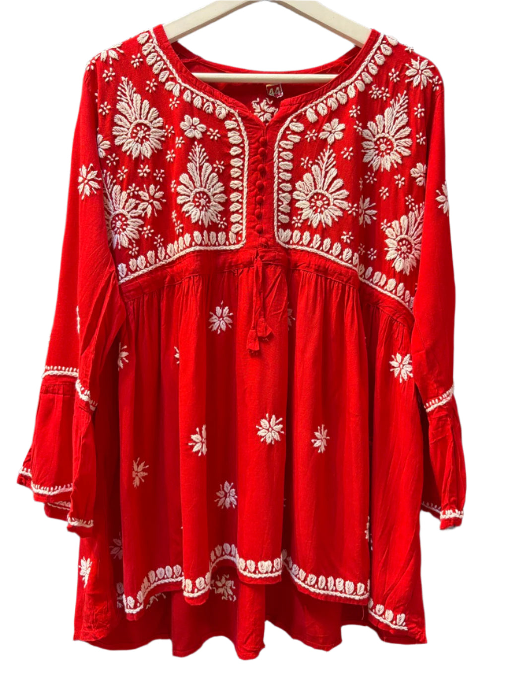 chikankari short kurti frock red