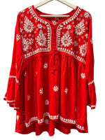 chikankari short kurti frock red