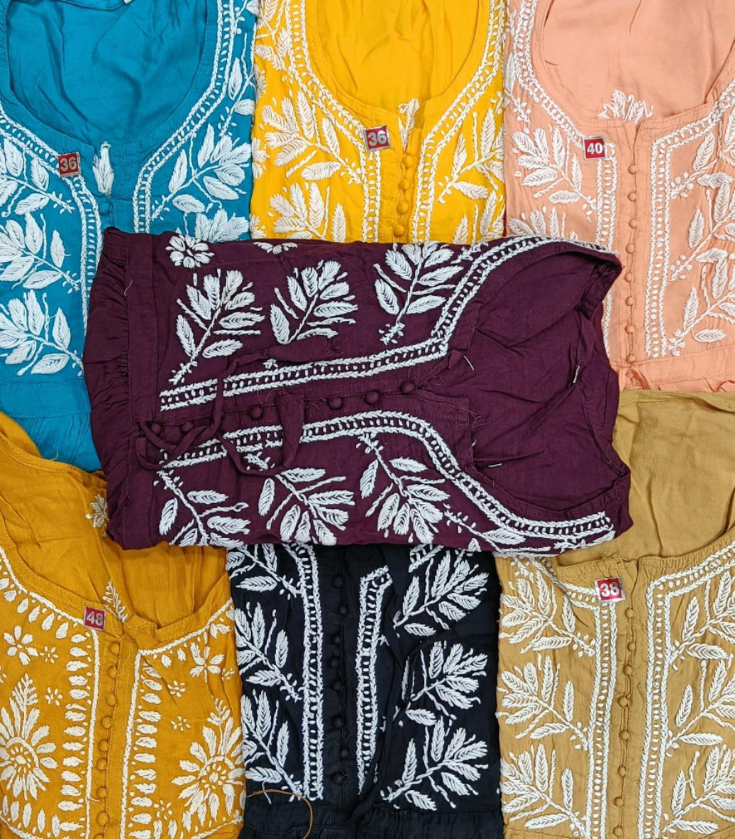 chikankari short kurti frock style available colours