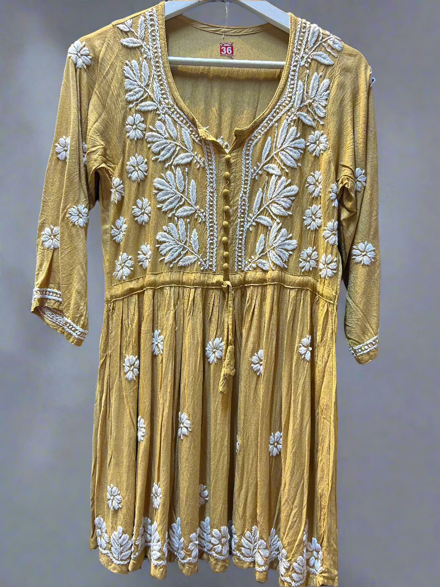 chikankari short kurti frock style beige