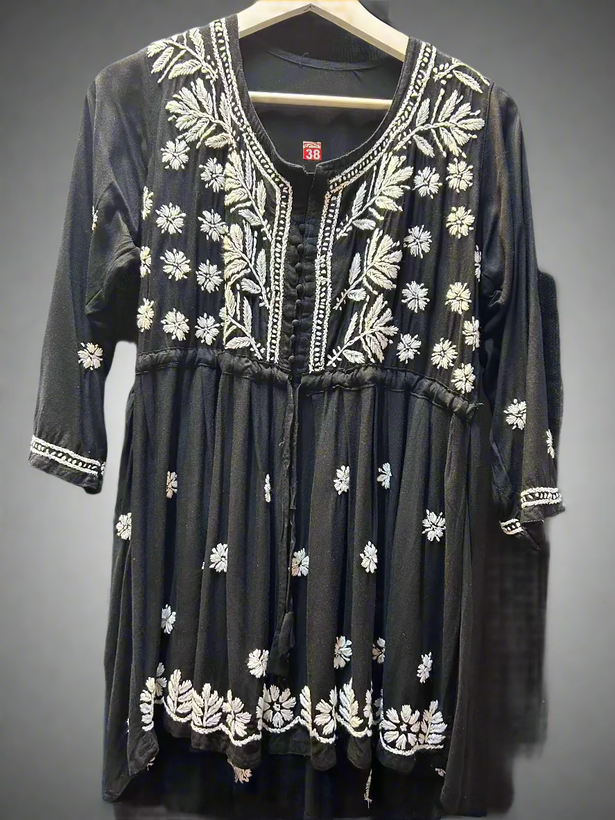 chikankari short kurti frock style black