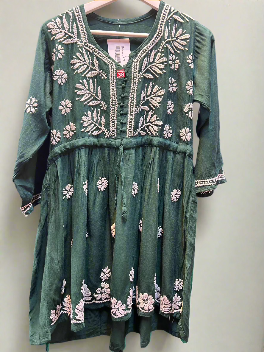 chikankari short kurti frock style bottle green