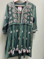 chikankari short kurti frock style bottle green