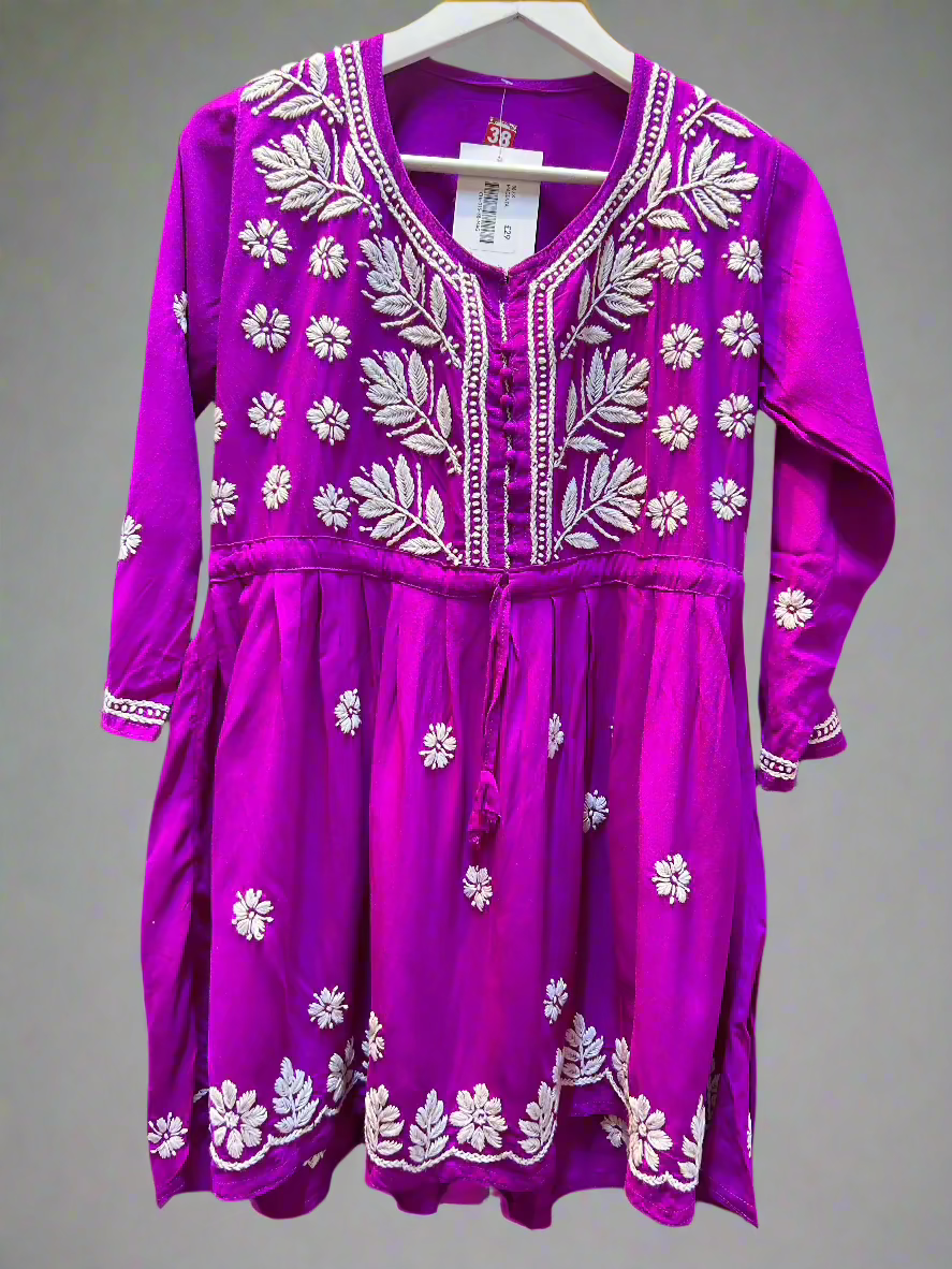 chikankari short kurti frock style magenta