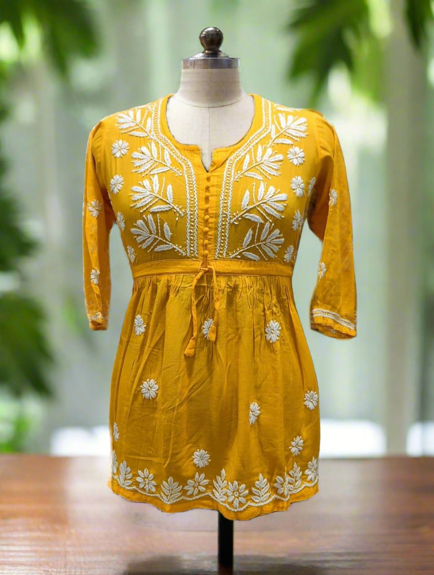 chikankari short kurti frock style mannequin mustard