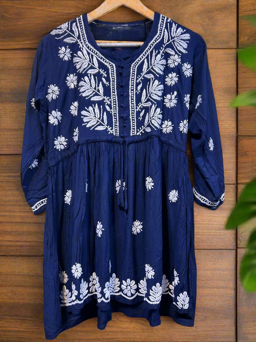 chikankari short kurti frock style navy blue