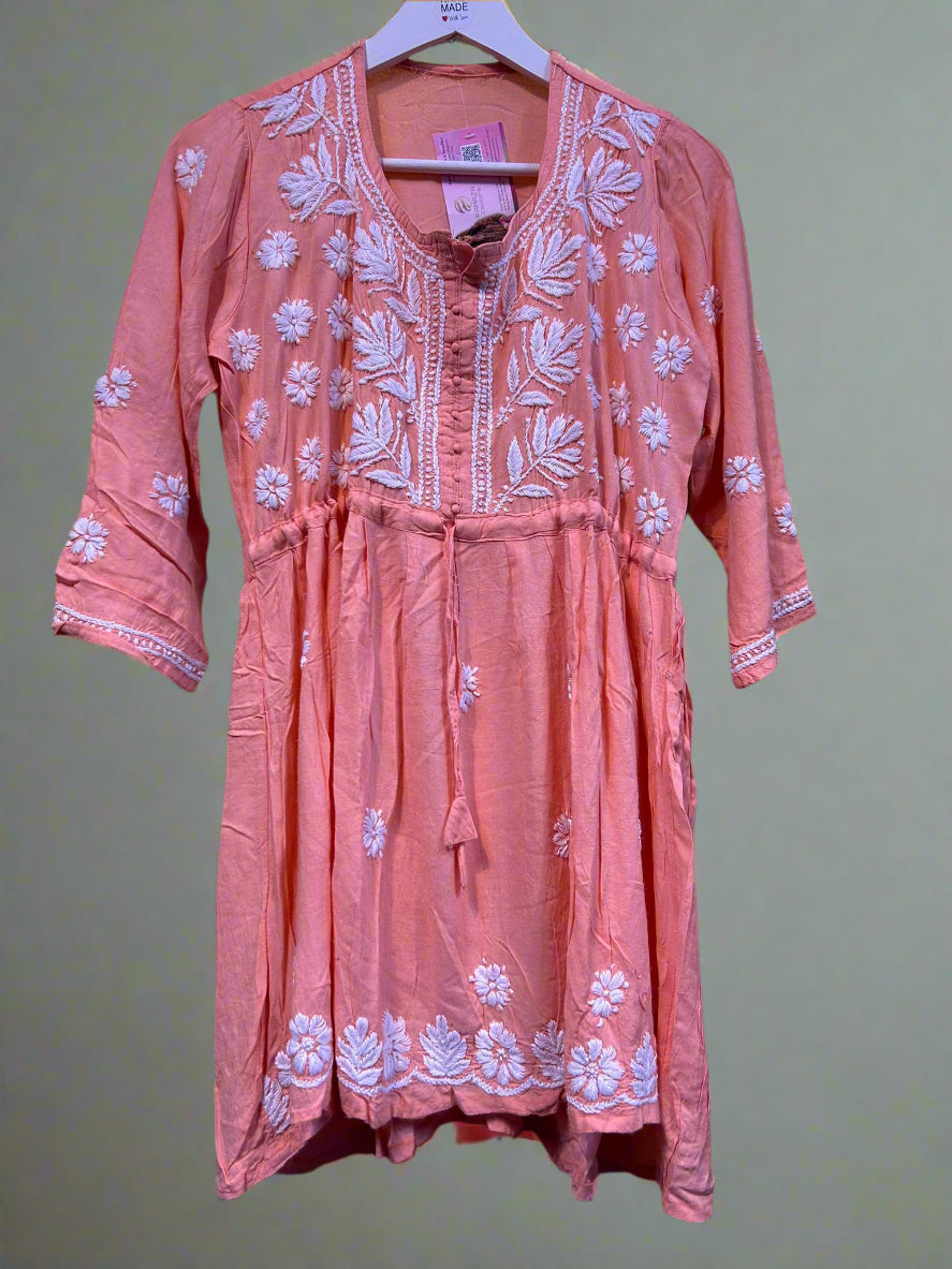 chikankari short kurti frock style peach