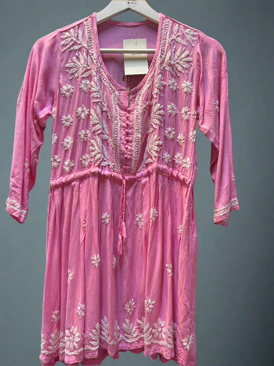 chikankari short kurti frock style pink
