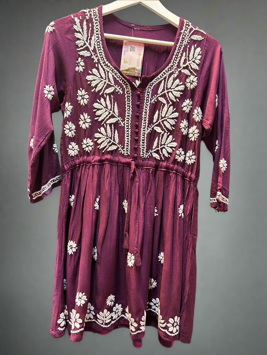 chikankari short kurti frock style plum
