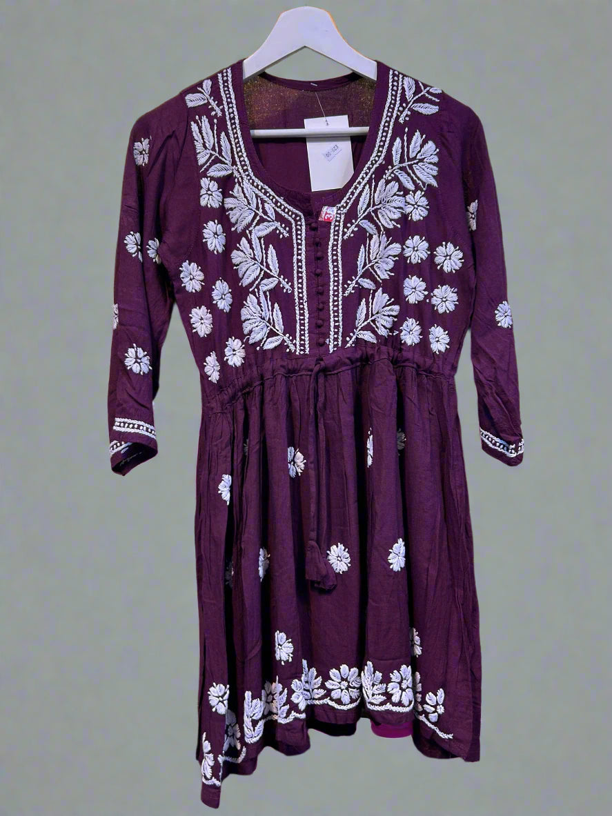 chikankari short kurti frock style plum