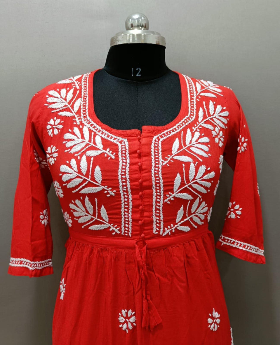 chikankari short kurti frock style red close up