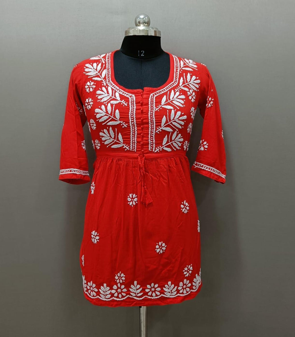 chikankari short kurti frock style red front