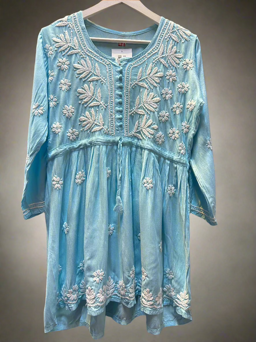 chikankari short kurti frock style sky blue