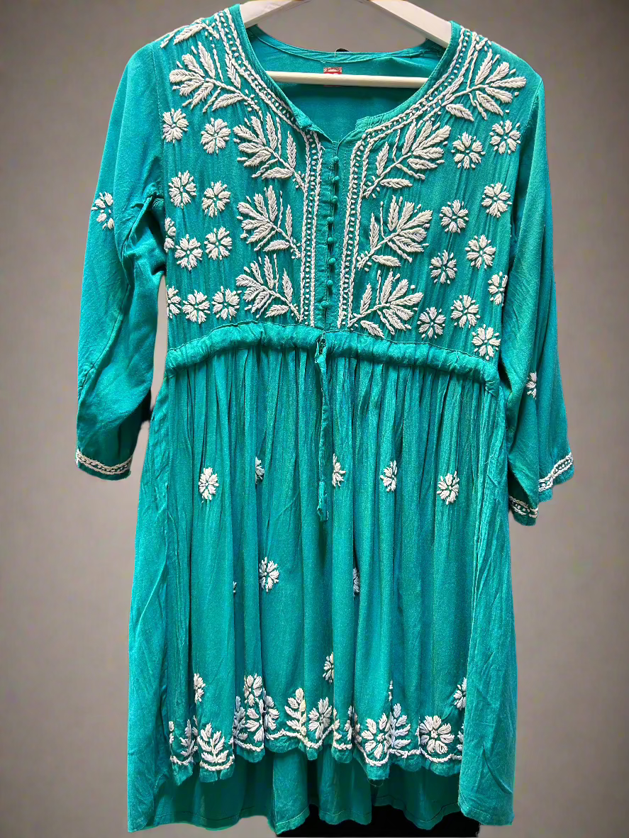 chikankari short kurti frock style turquoise