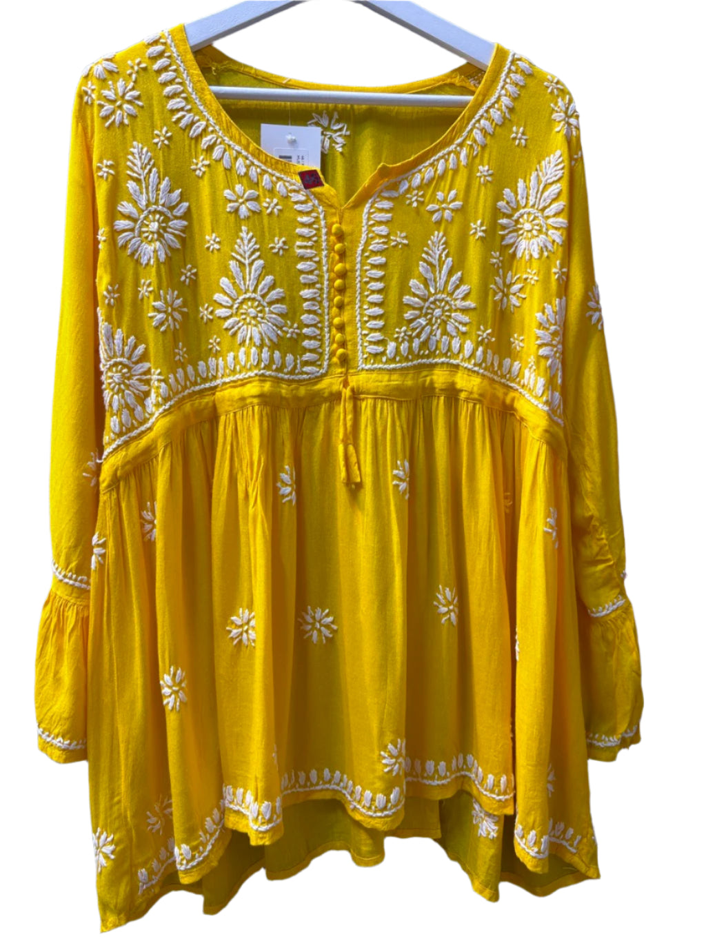 chikankari short kurti frock yellow front view