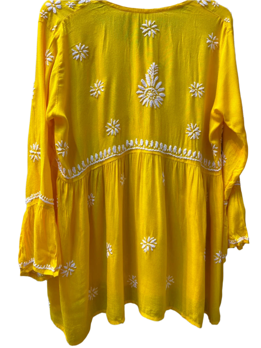 chikankari short kurti frock yellow rear view