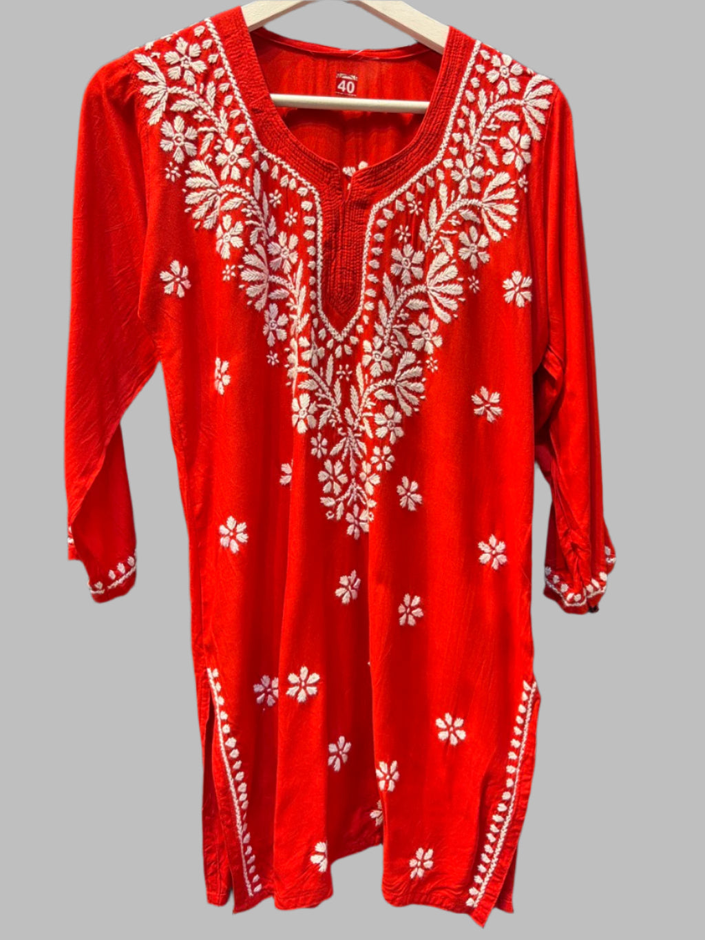 Chikankari short kurti, red with hand embroidery