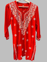 Chikankari short kurti, red with hand embroidery