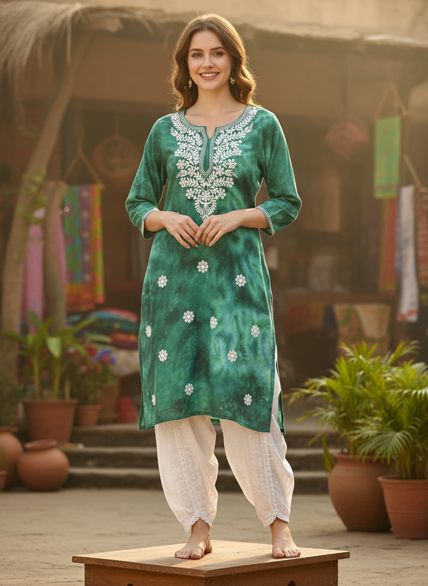 model wearing chikankari tie dye green kurti with dhoti pants