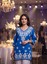 Chikankari short kurti with V neck in blue with white embroidery