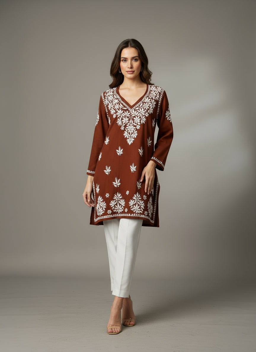 Chikankari short kurti with V neck in brown with white embroidery