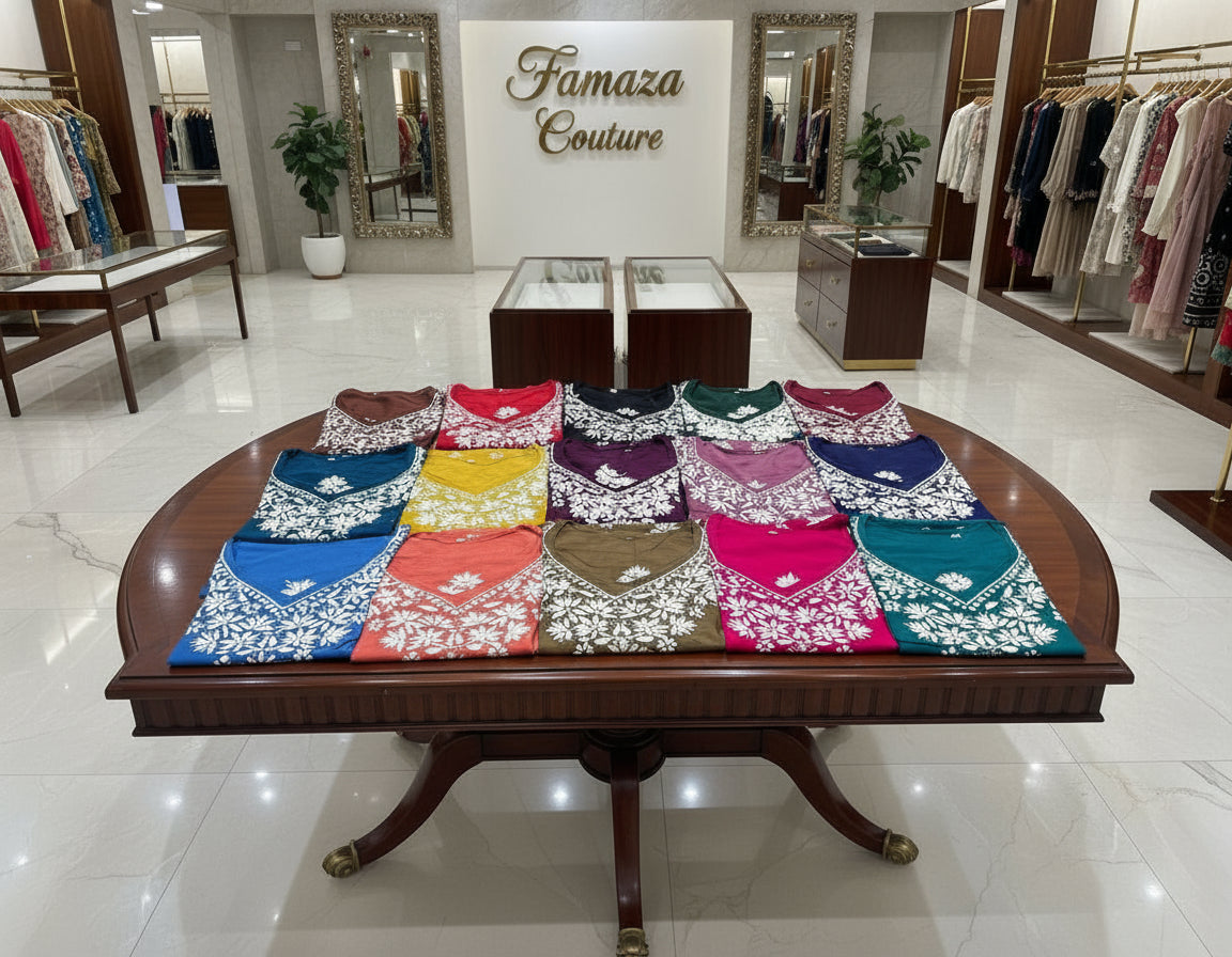 Chikankari short kurti with V neck in various colours with white embroidery