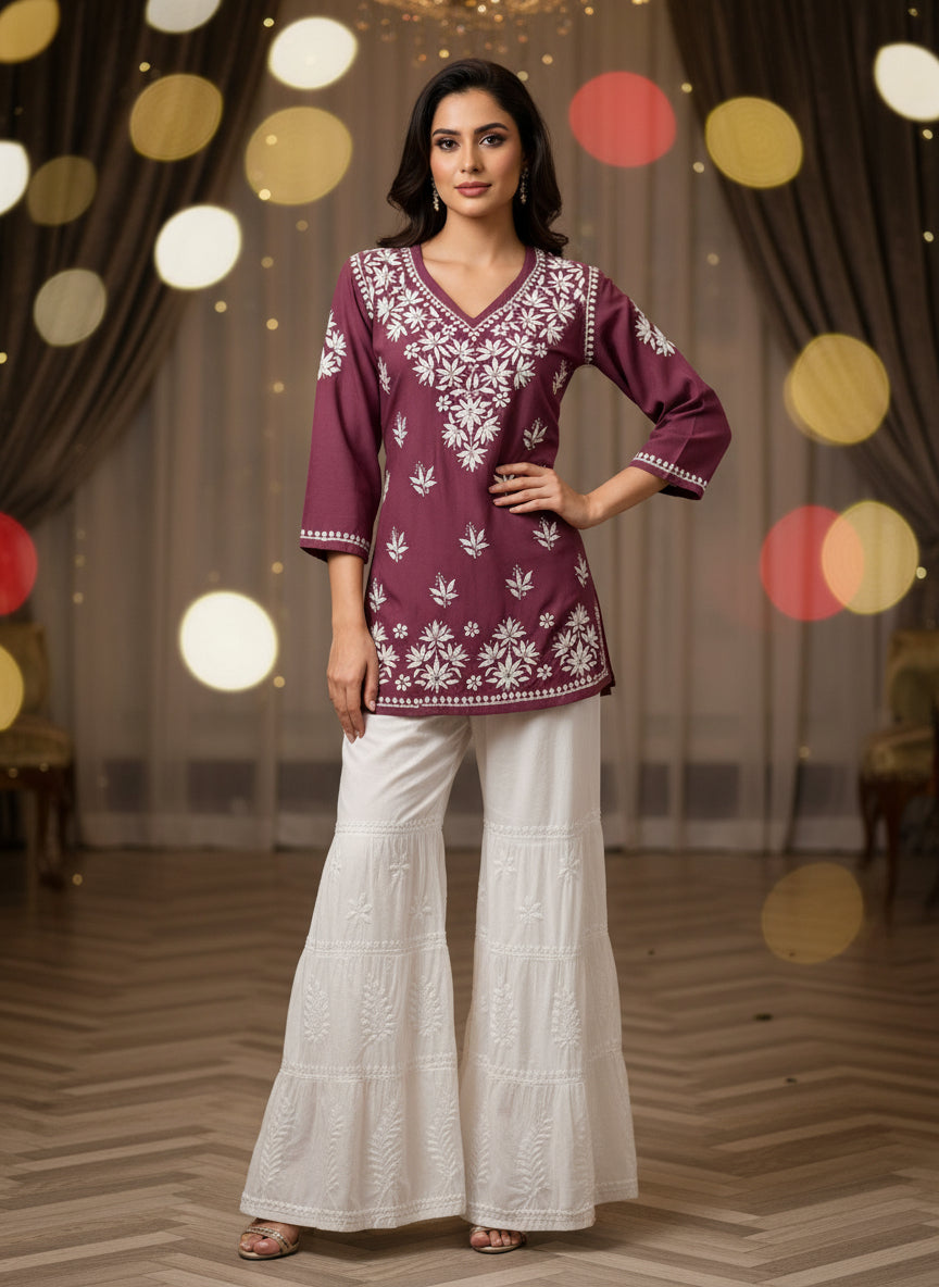Chikankari short kurti with V neck in purple with white embroidery
