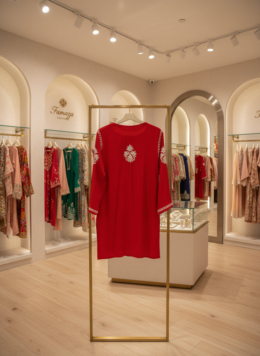 rear view of Chikankari short kurti with V neck in red with white embroidery