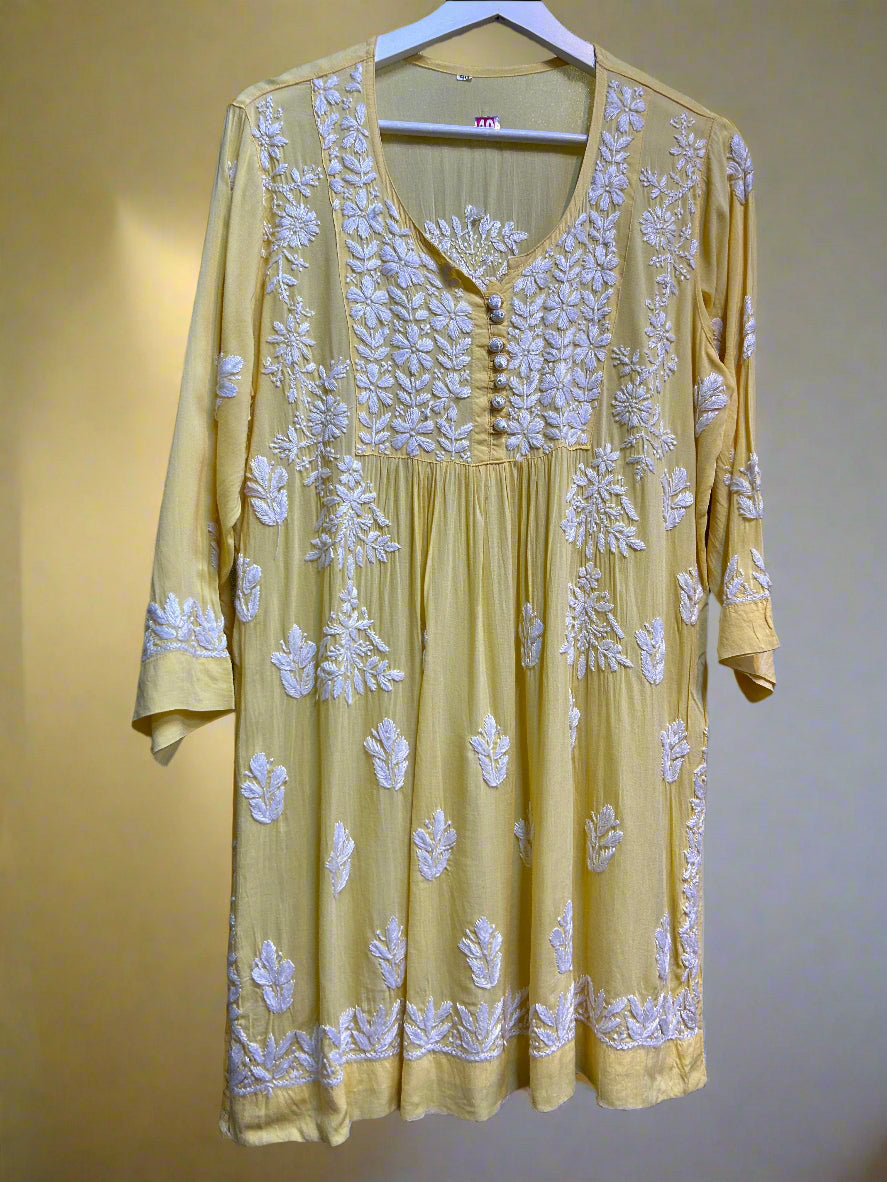 Chikankari short Naira style kurti, yellow with white embroidery