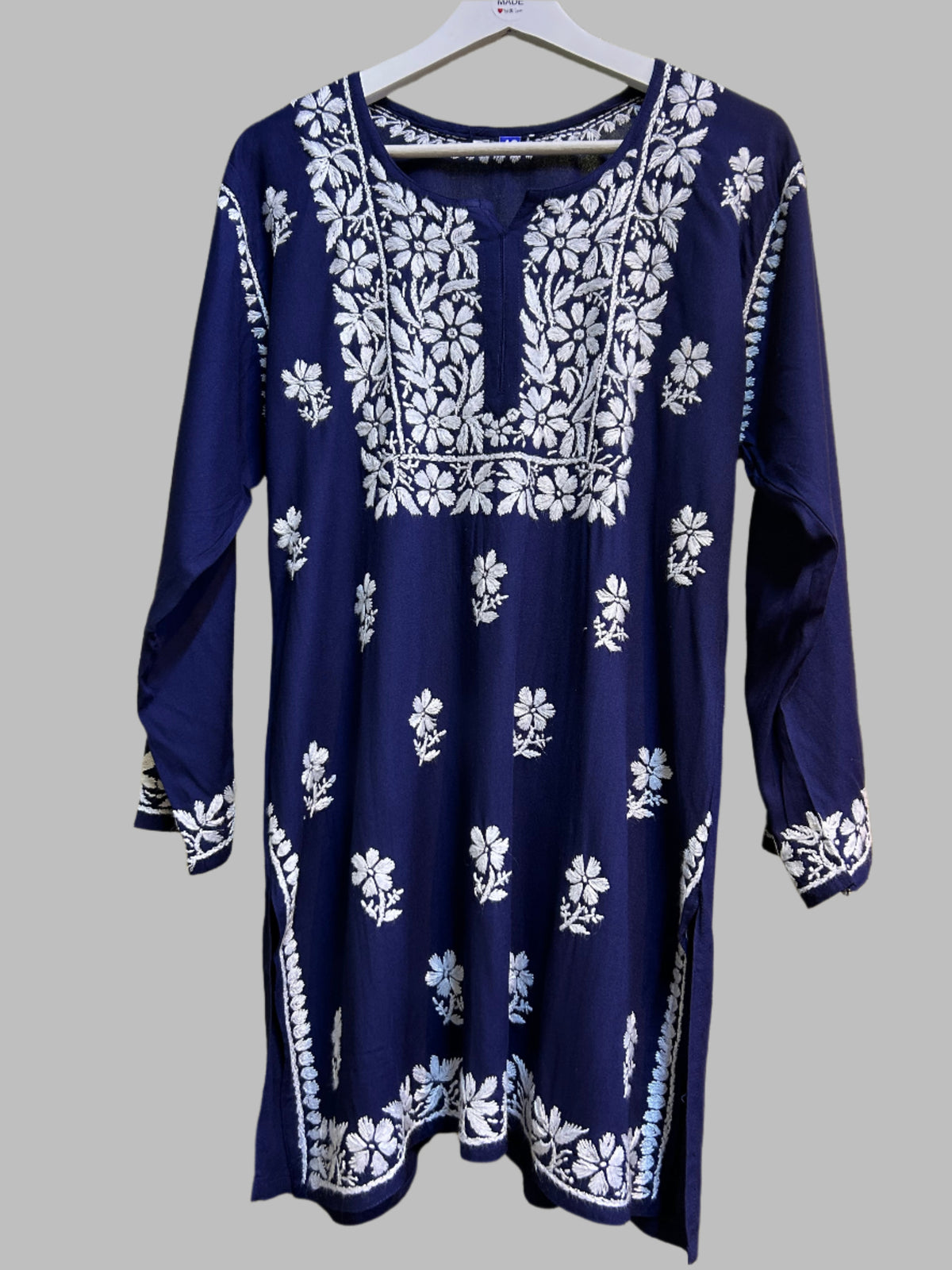 Chikankari white floral hand embroidery top front view