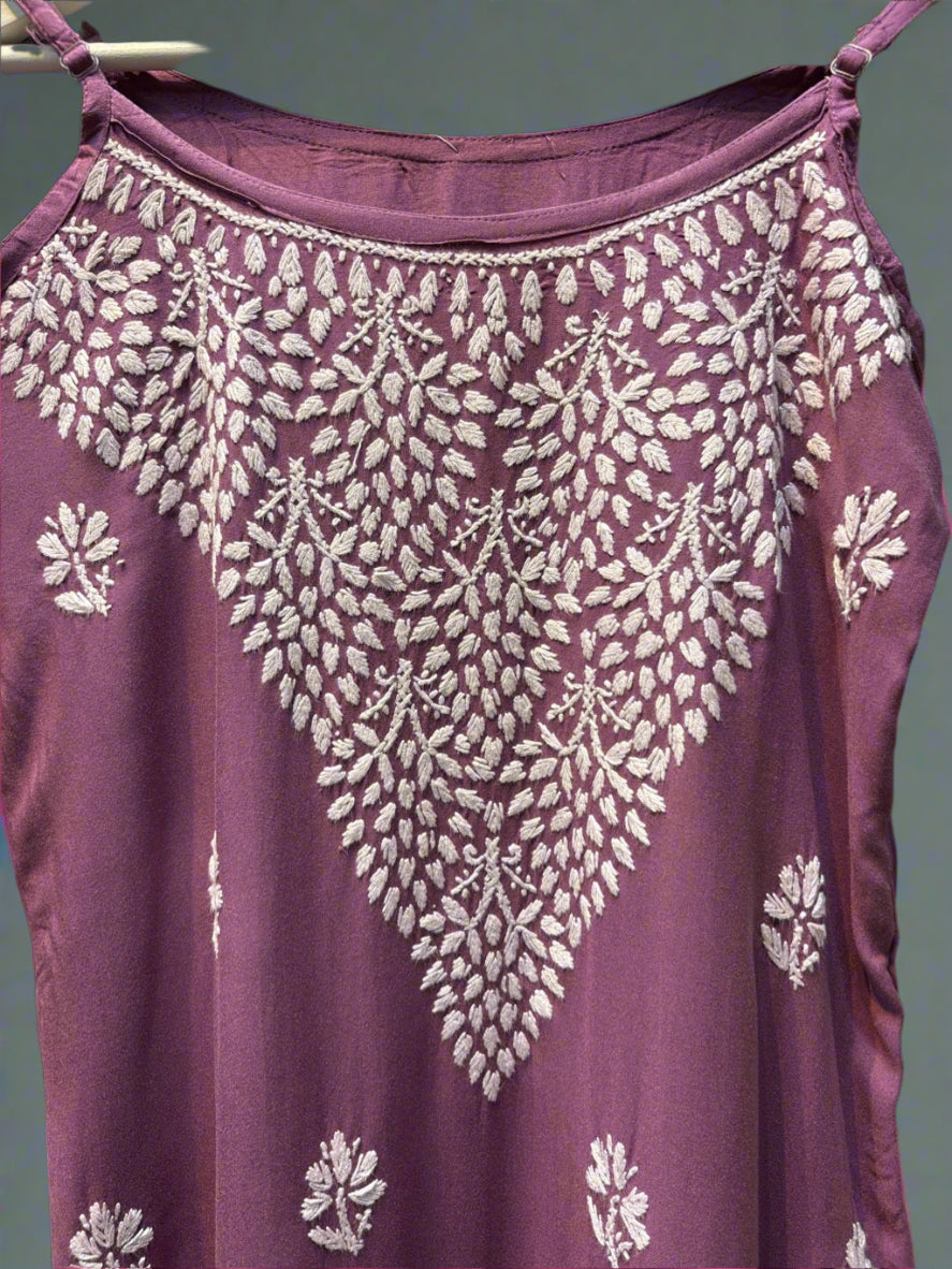 Chikankari embroidered slip summer kurti lilac close up