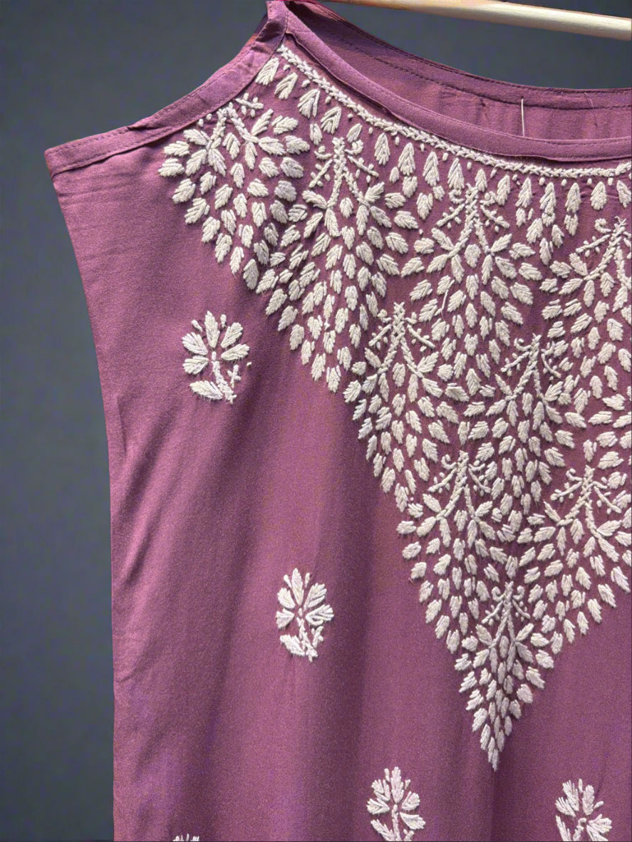 Chikankari embroidered slip summer kurti lilac side close up