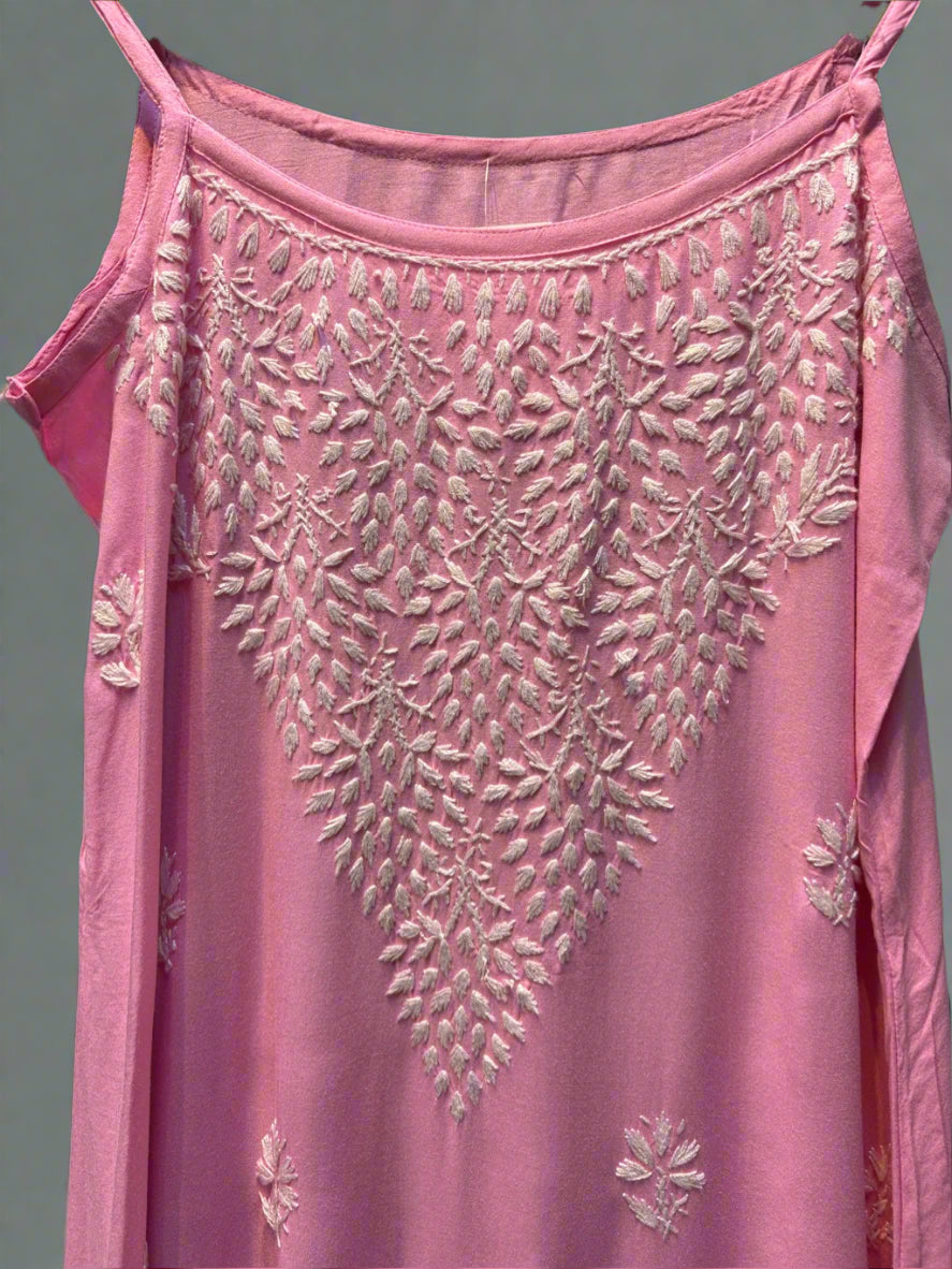 Chikankari embroidered slip summer kurti pink close up