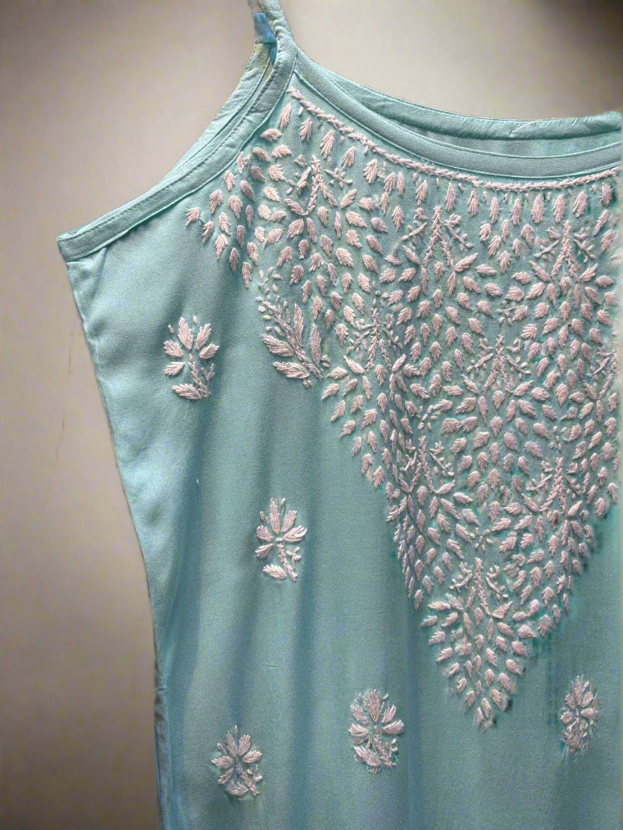 Chikankari embroidered slip summer kurti turquoise close up