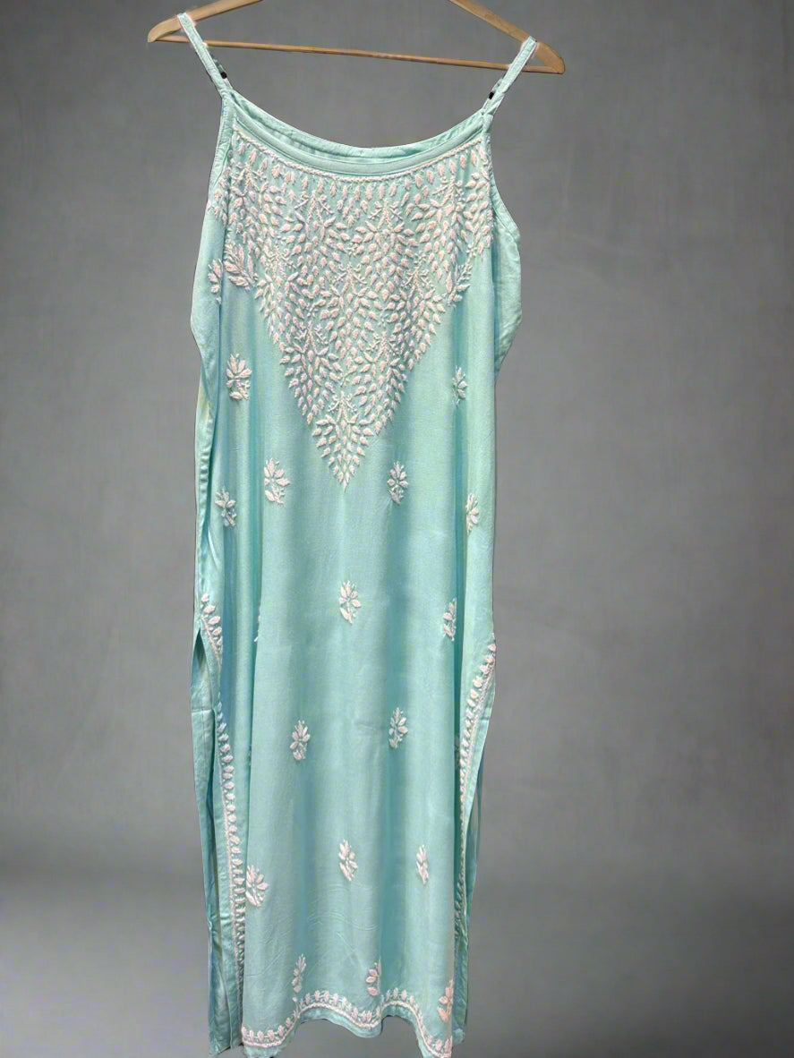 Chikankari embroidered slip summer kurti turquoise