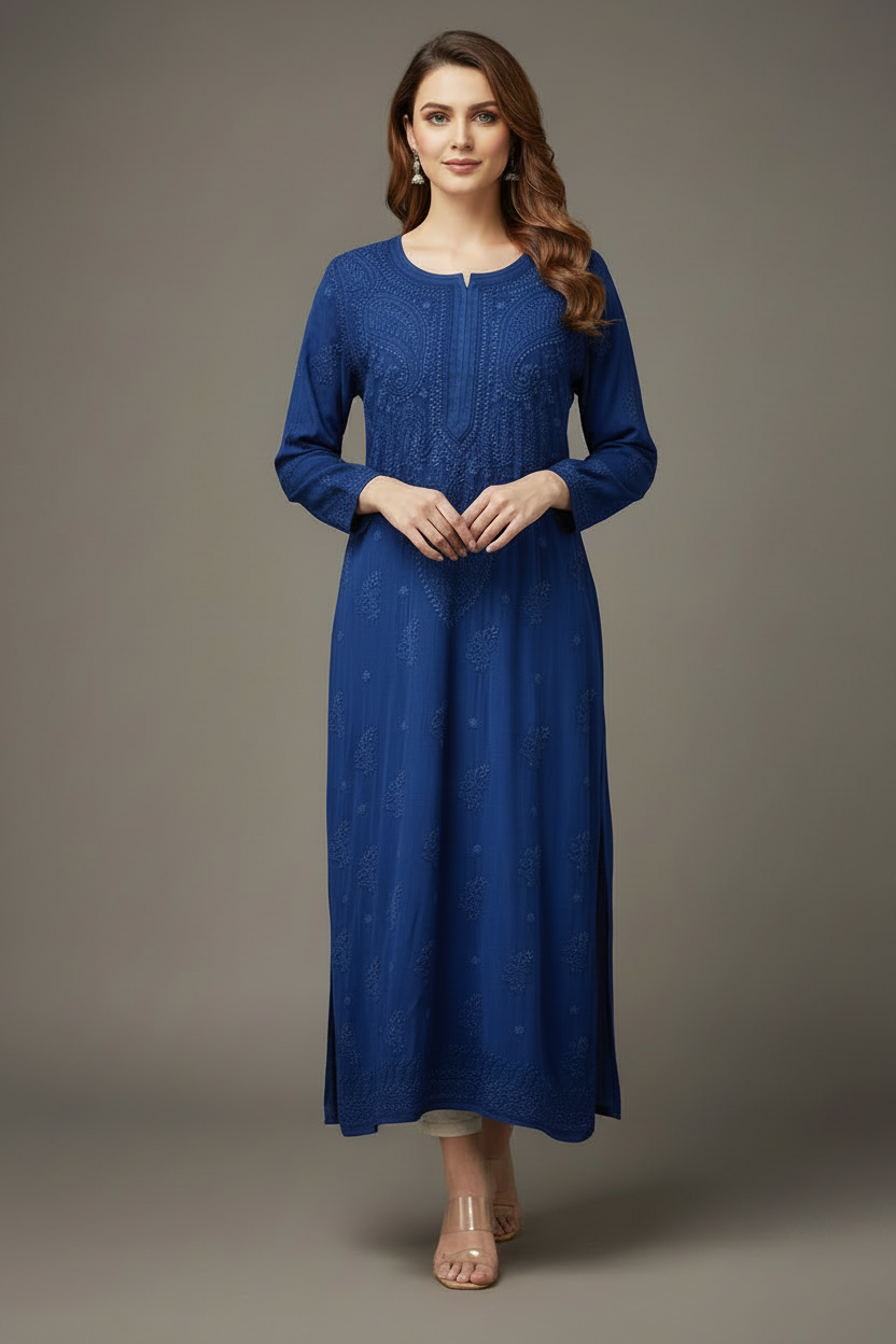 Hand Embroidered Premium Chikankari Viscose Kurti | Long Kurta for Women