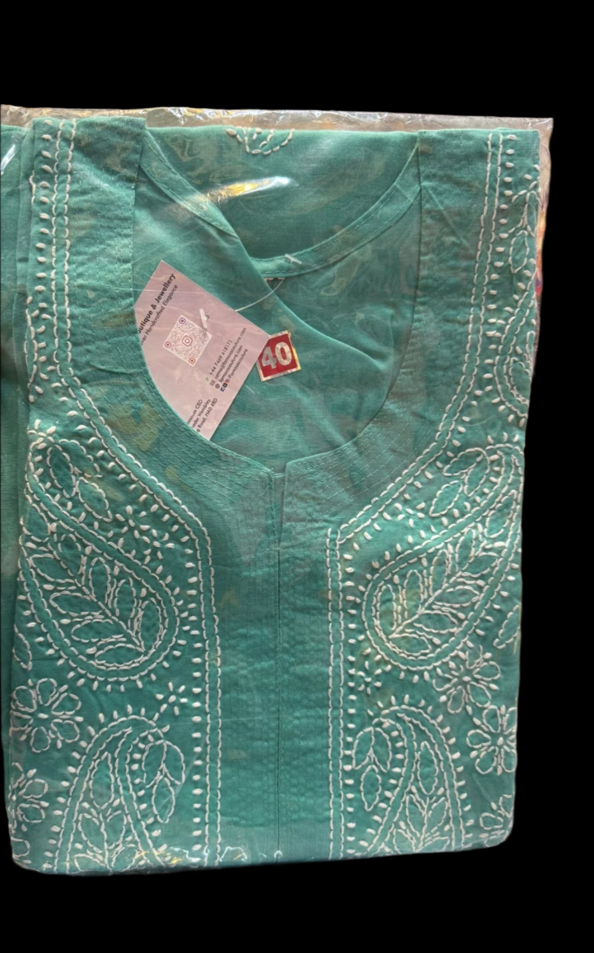 Sea green chikankari kurti neck closeup