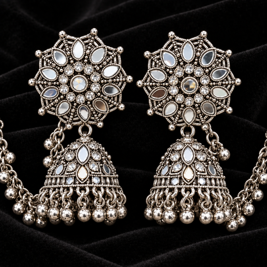 A pair of ornate silver-toned Indian jhumka earrings with intricate filigree work, clear stone inlays, and dangling bead chains, displayed on a light beige background.