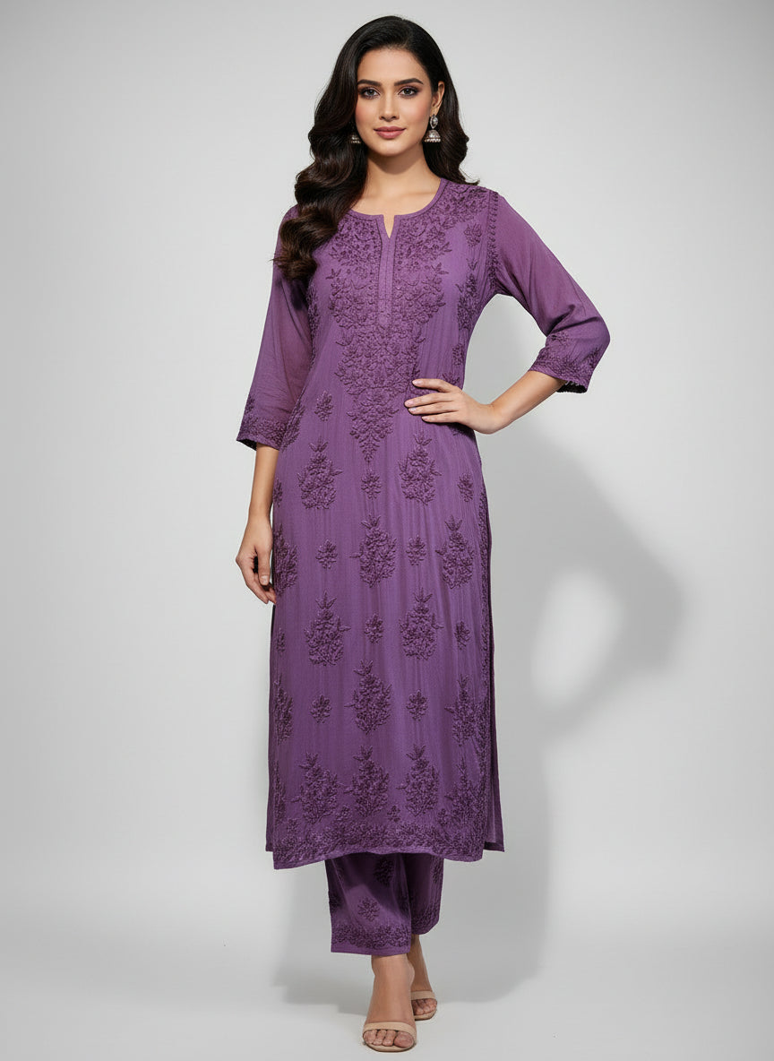 dark brown colour modal fabric tone to tone hand embroidered kurti and trousers. Kurti is 46 inches long